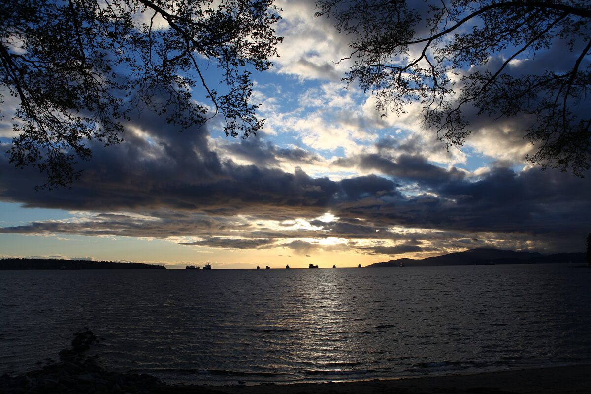 The low sun breaking through heavy cloud over English Bay, with ships on the horizon and tree branches framing the sky