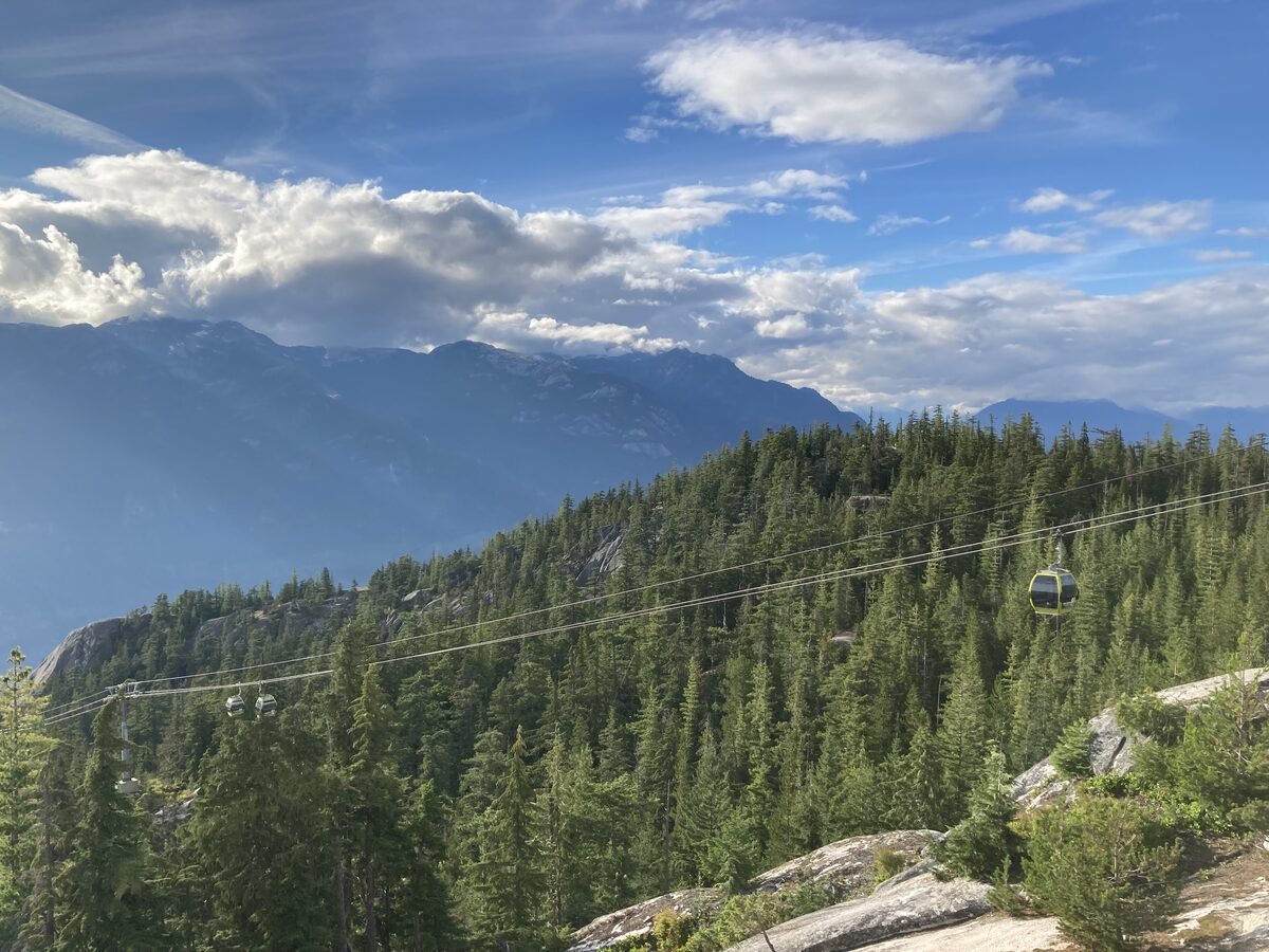 A Sea to Sky Gondola cabin on its cable above a forested ridge, with the Coast Mountains behind