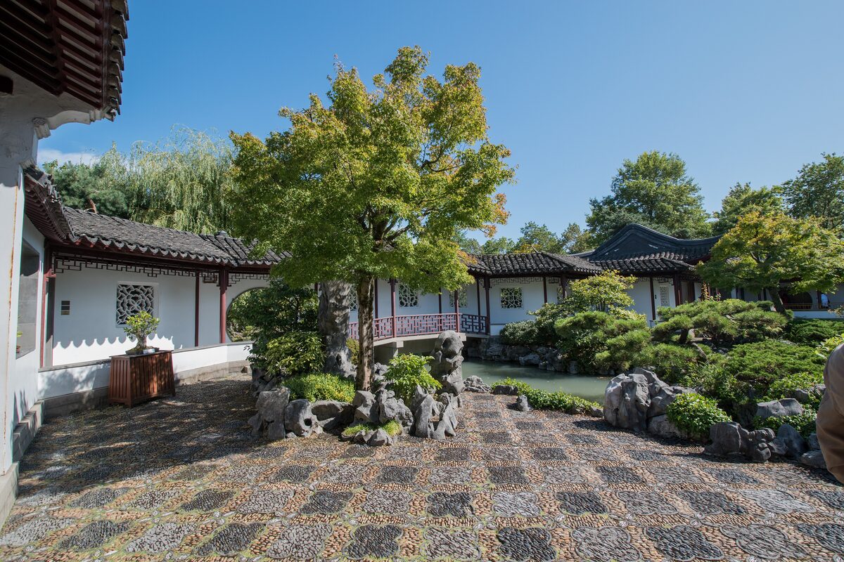 A pebble-mosaic courtyard with rockery and a pine in the Dr. Sun Yat-Sen Classical Chinese Garden, with tiled pavilion roofs behind
