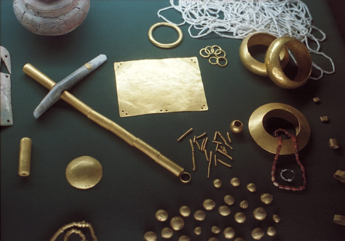 Gold bracelets, a gold plate, beads and a gold-sheathed axe handle from the Varna Necropolis on display in the Archaeological Museum.
