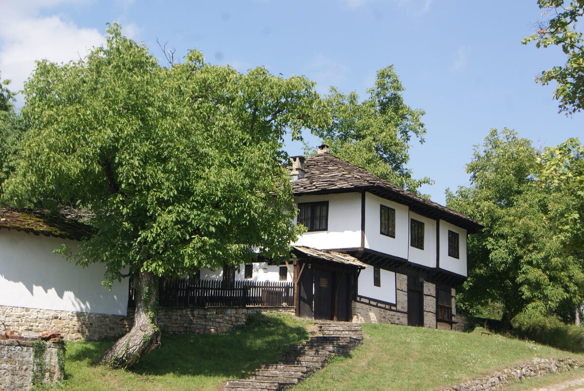 A whitewashed two-storey house with dark timber framing and a stone-slab roof in Bozhentsi, behind a large walnut tree and stone steps on a grassy slope.
