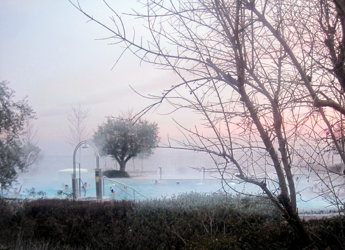 A thermal pool in morning mist behind bare branches at the Terme di Sirmione