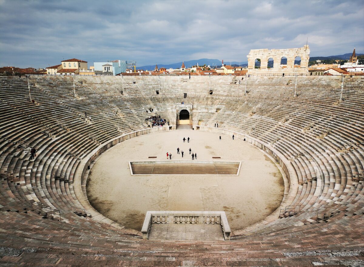 The stepped stone seating of the Verona Arena seen from the top rows