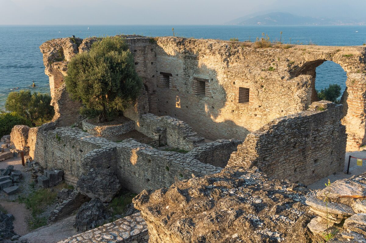 Roman ruins of the Grotte di Catullo on the cliff above Lake Garda