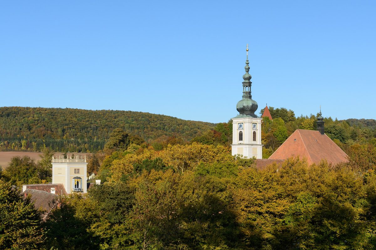 The church tower of Heiligenkreuz Abbey rising above autumn trees in the Vienna Woods