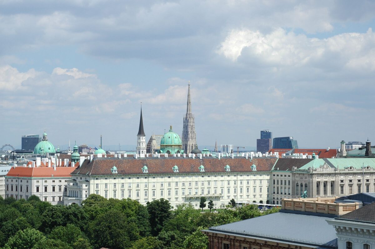 The long pale facade of the Hofburg seen from above the trees, with St. Stephen's spire and the domes of the old town behind