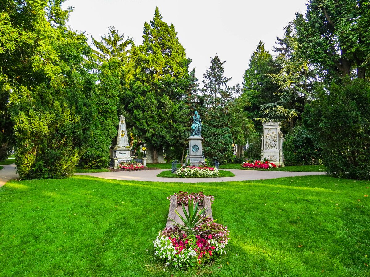 The graves of Beethoven and Schubert with Mozart's memorial between them, among lawns and flowers in the Central Cemetery