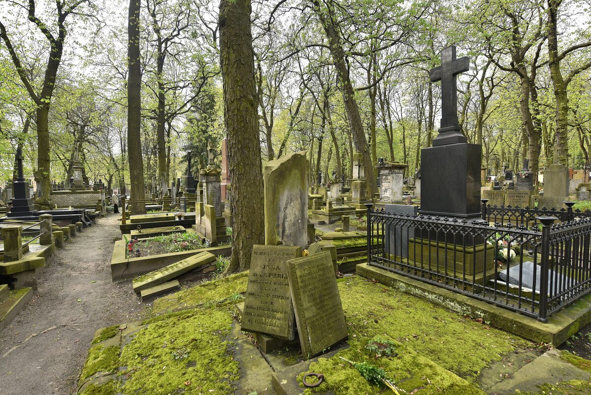 Old gravestones and iron crosses under tall trees in Powązki Cemetery