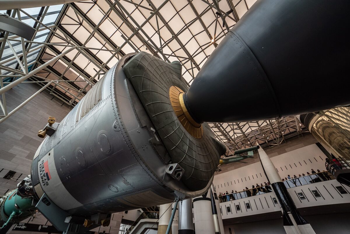 Spacecraft hanging in a gallery of the National Air and Space Museum