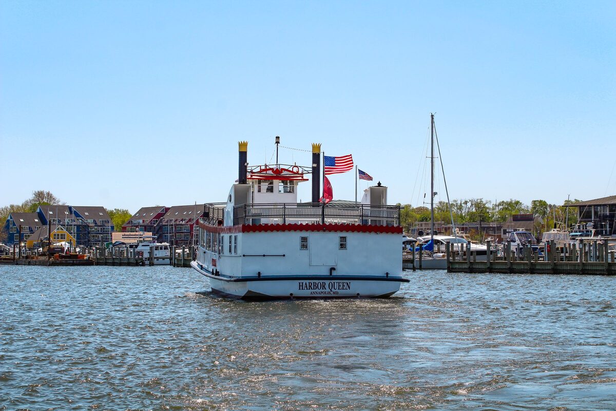 The Harbor Queen boat in Annapolis harbor on a sunny day