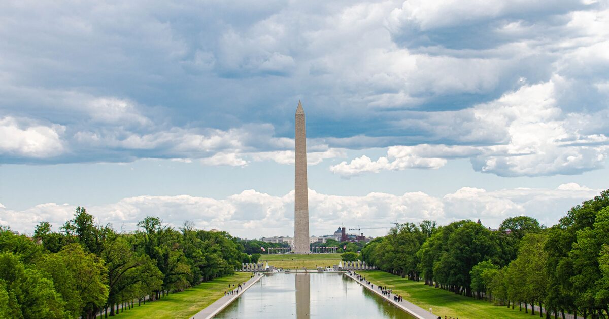 Washington Monument rising beyond the Reflecting Pool and its tree-lined paths