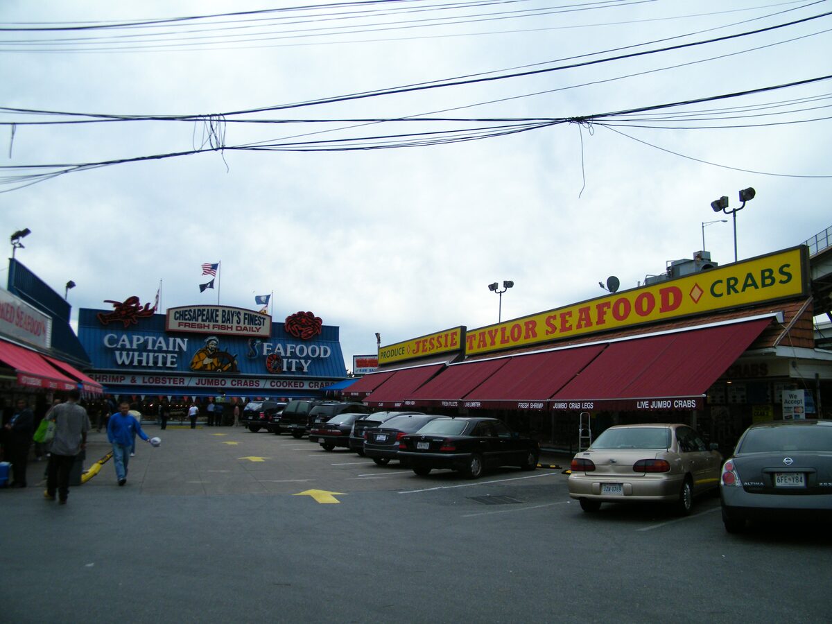Seafood stalls with awnings at the Maine Avenue Fish Market