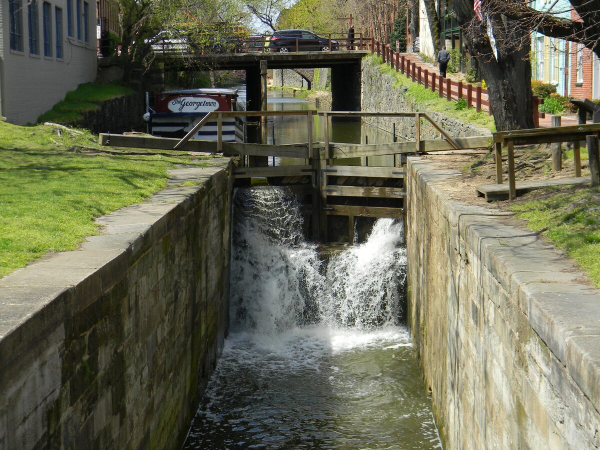 Water pouring through a stone canal lock on the C&O Canal