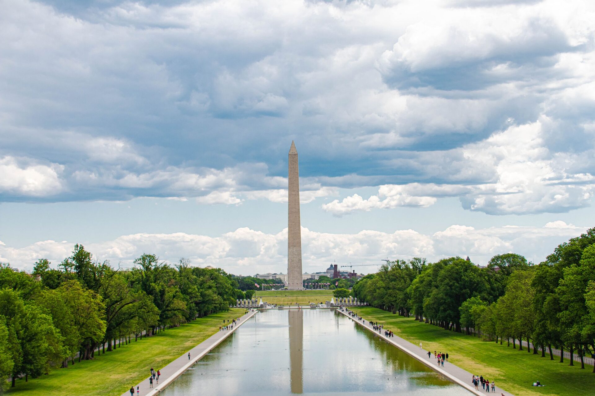 Washington Monument rising beyond the Reflecting Pool and its tree-lined paths