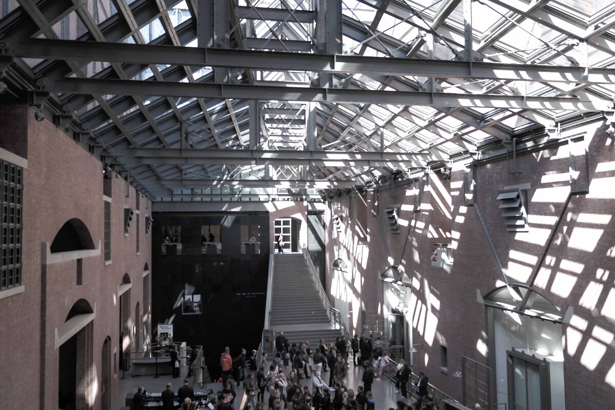 Steel and glass hall inside the Holocaust Memorial Museum