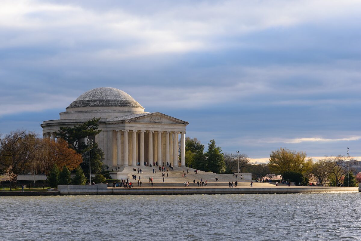 Jefferson Memorial dome and columns across the Tidal Basin