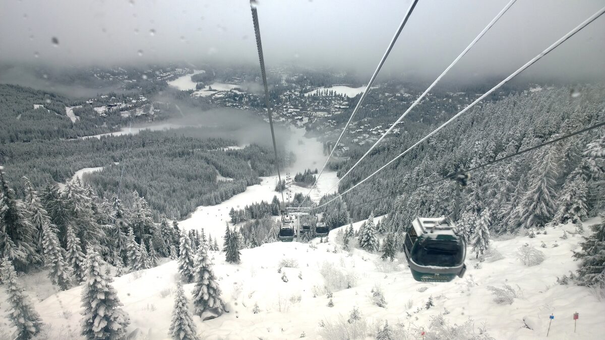 Creekside Gondola cabins above snowy fir forest with the valley below in winter