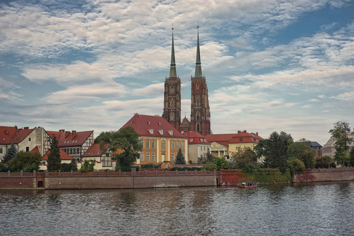 Wrocław Cathedral with its two spires above the houses of Ostrów Tumski and the river Oder