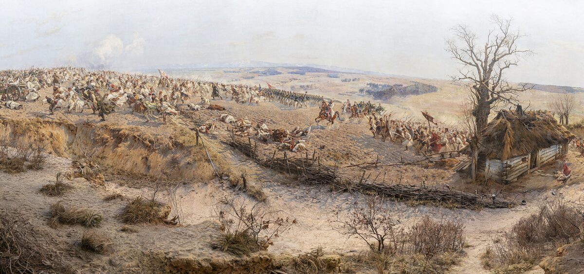 Part of the Racławice Panorama painting, showing soldiers on a sandy battlefield under a pale sky
