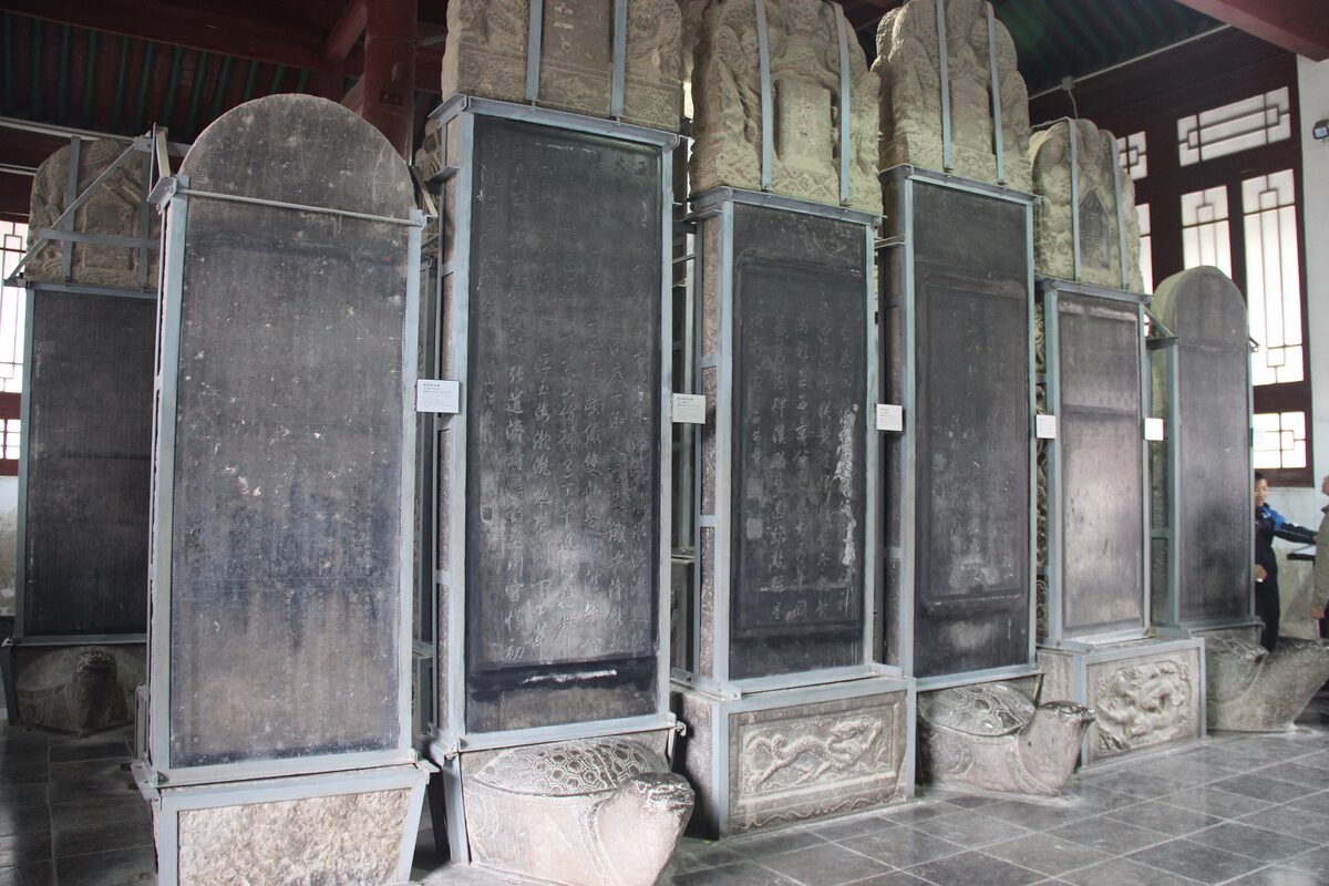 Tall carved stone steles standing on stone tortoise bases in a hall of the Beilin Museum, the Forest of Steles