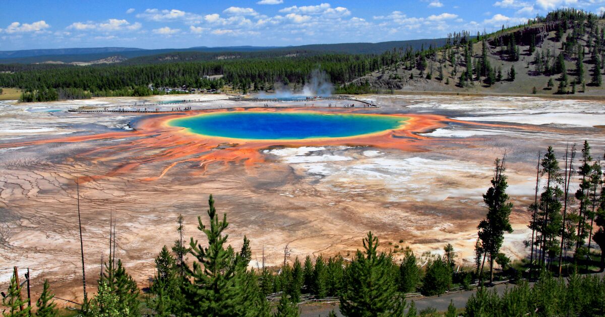Grand Prismatic Spring from above, ringed in orange and blue
