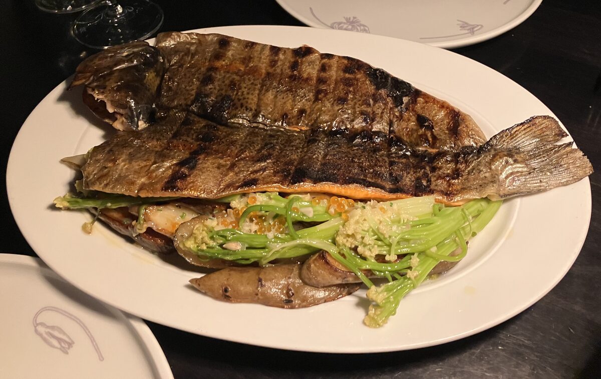 A whole grilled trout served on a white oval plate