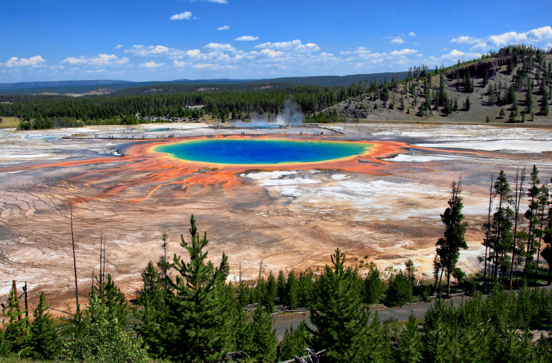 Grand Prismatic Spring from above, ringed in orange and blue