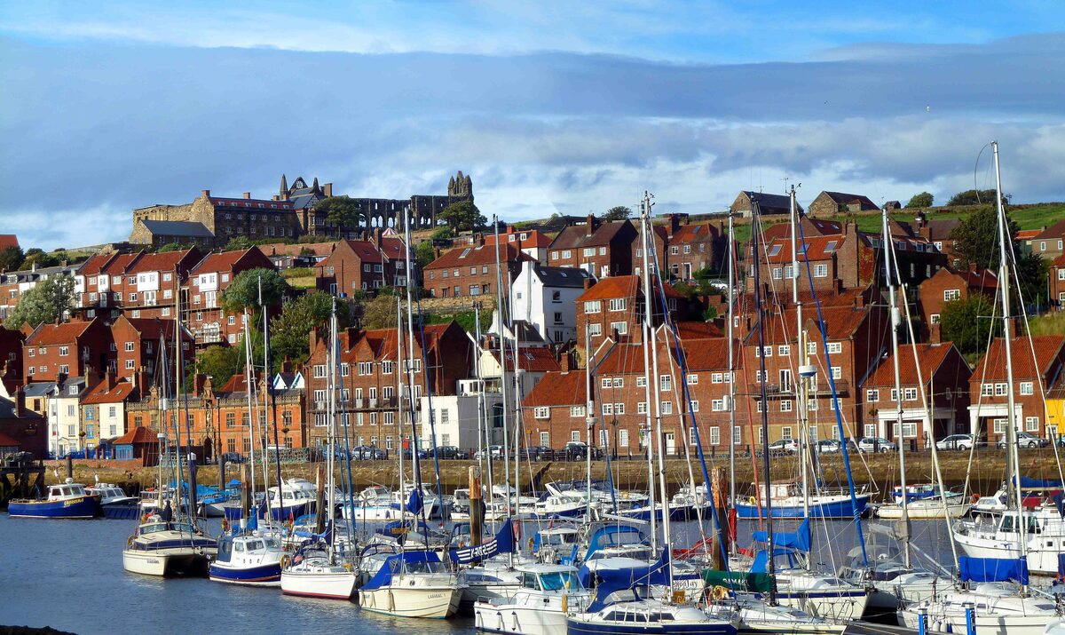 Sailing boats in Whitby marina, with red-roofed houses climbing the hill behind