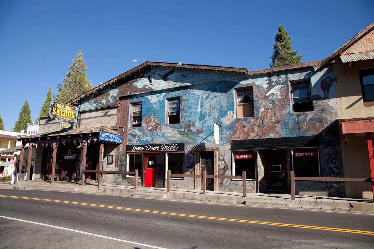 Old Groveland main street with the Iron Door Saloon's painted facade