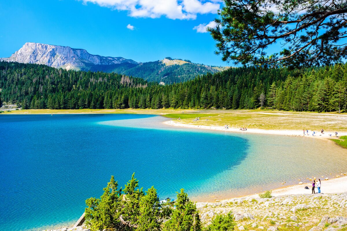 The Black Lake in summer, with turquoise water, a pale pebble beach and spruce forest below the limestone ridge of Durmitor