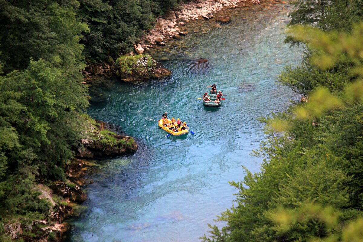Two rafts on the turquoise Tara river between forested banks, with the rafters paddling in the middle of the canyon
