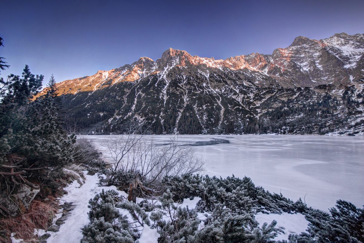 Morskie Oko at dawn: the frozen lake under peaks lit pink by the sun, with snow and pines on the shore