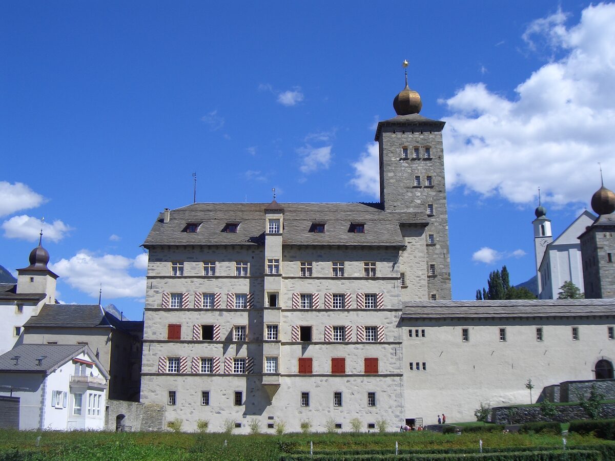 The Stockalper Palace in Brig with its onion-domed towers, seen on a summer day