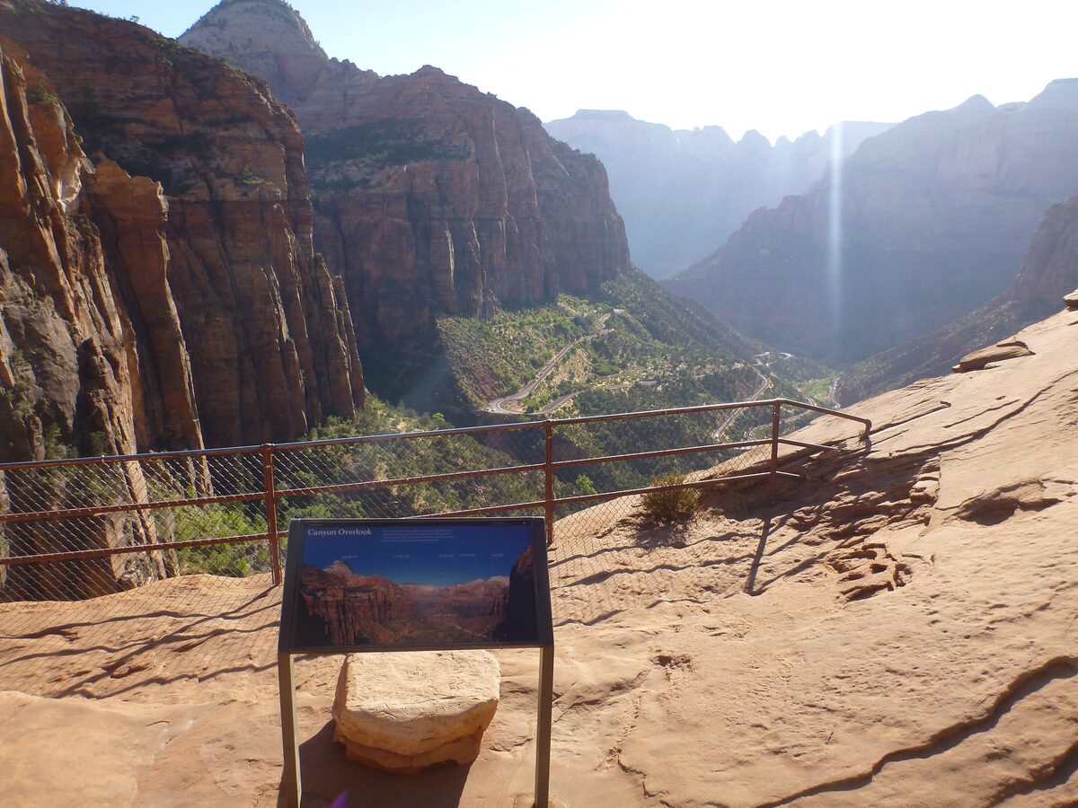 View down Zion Canyon from the Canyon Overlook railing