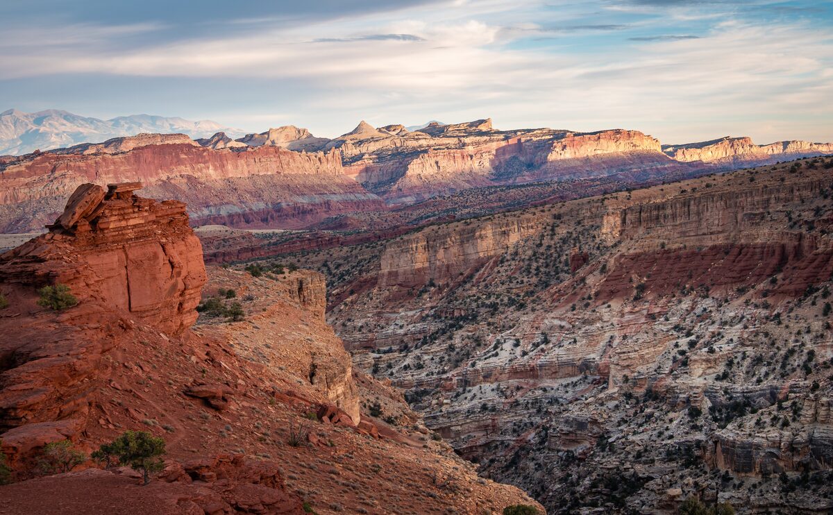 Waterpocket Fold cliffs and badlands seen from above in Capitol Reef