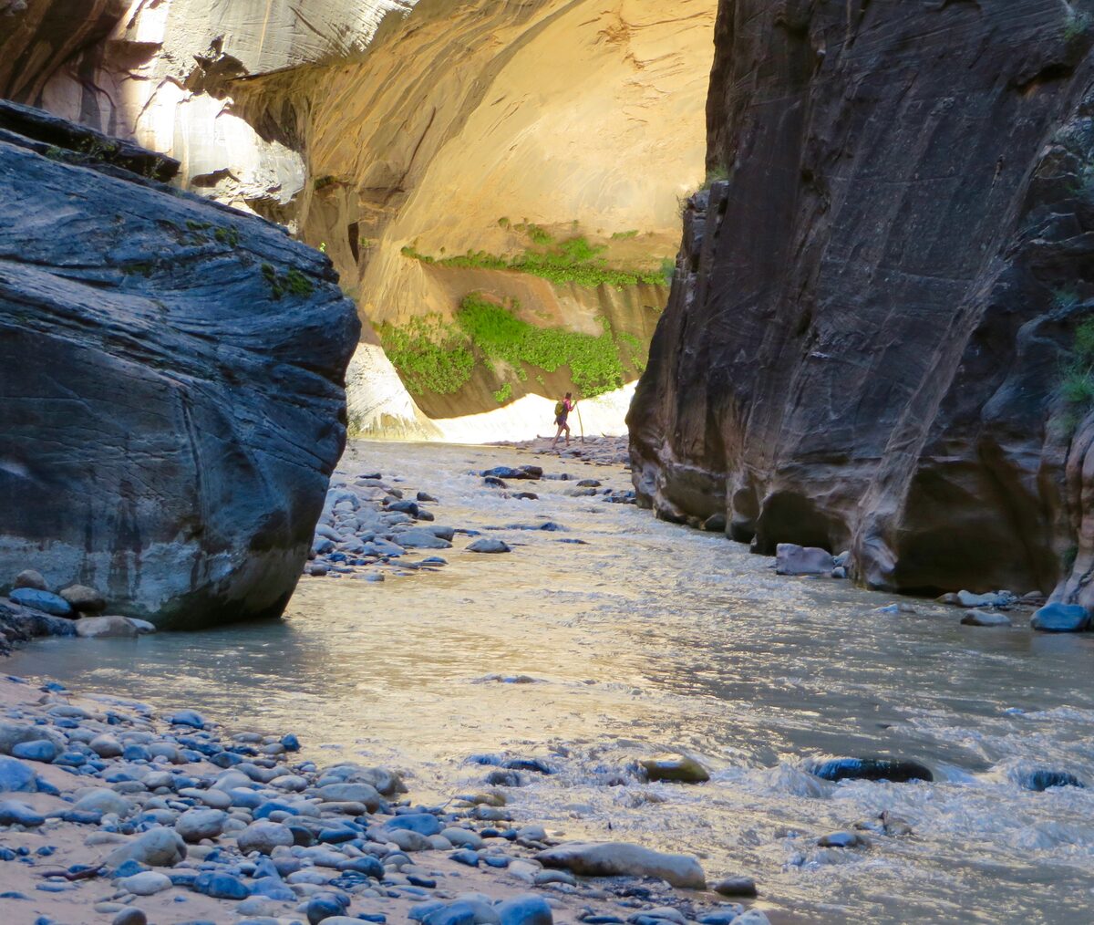 River and towering canyon walls on the Narrows hike