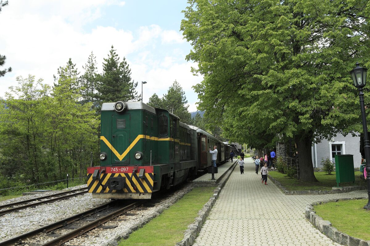 The green and yellow diesel locomotive of the Šargan Eight train with its wooden carriages, stopped at Jatare station under tall trees.