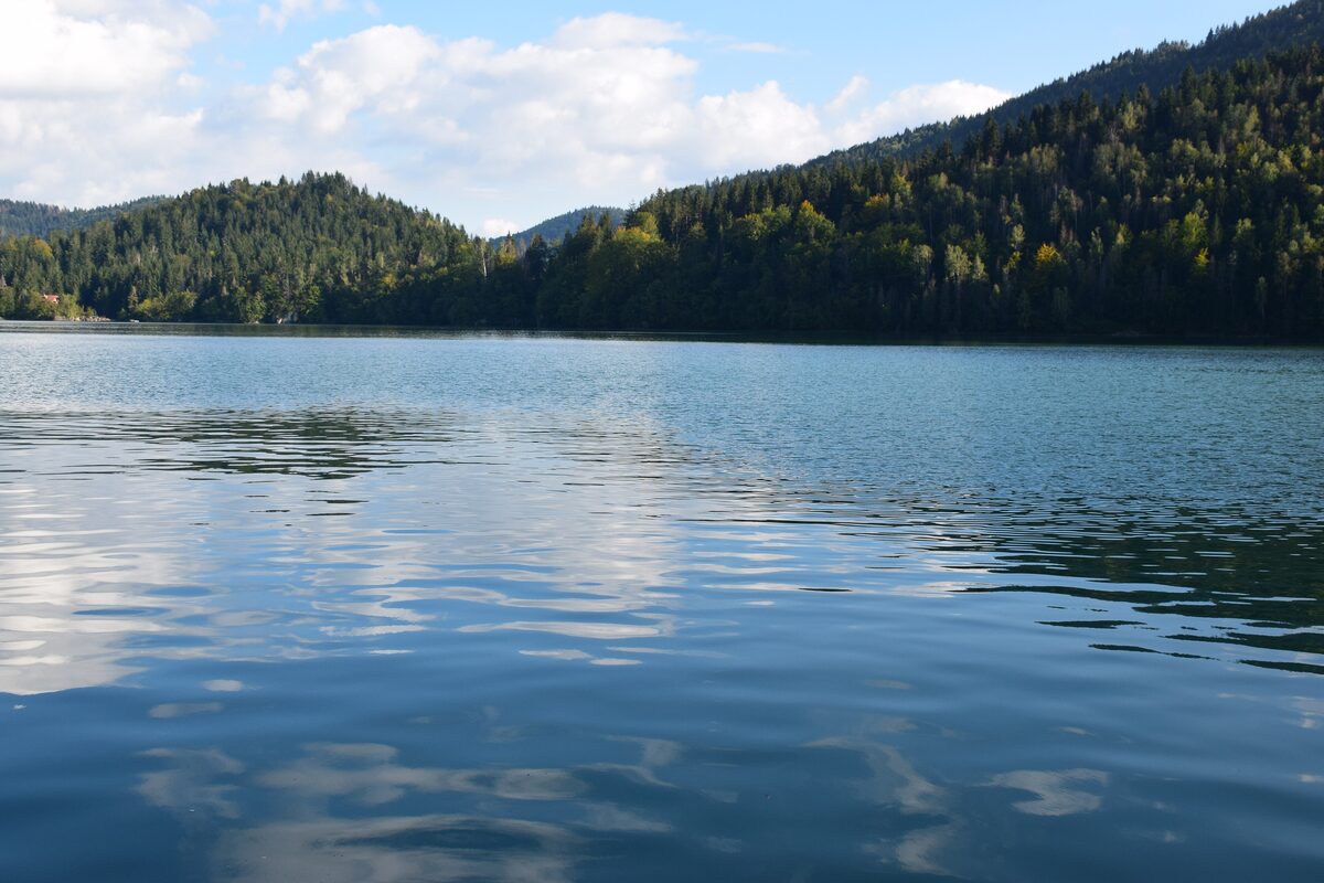 Zlatar lake under a blue sky with white clouds, its rippled water reflecting the forested hills along the shore.